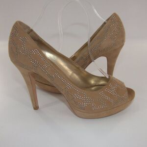 Antonio Melani Leather Suede Studded Elegant Brown Peep-Toe Heels Size 8.5